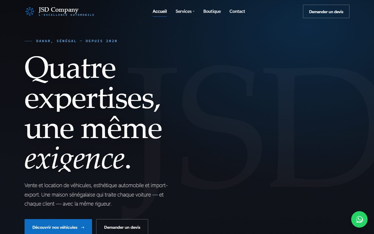 Page d'accueil du site JSD Company sur ordinateur