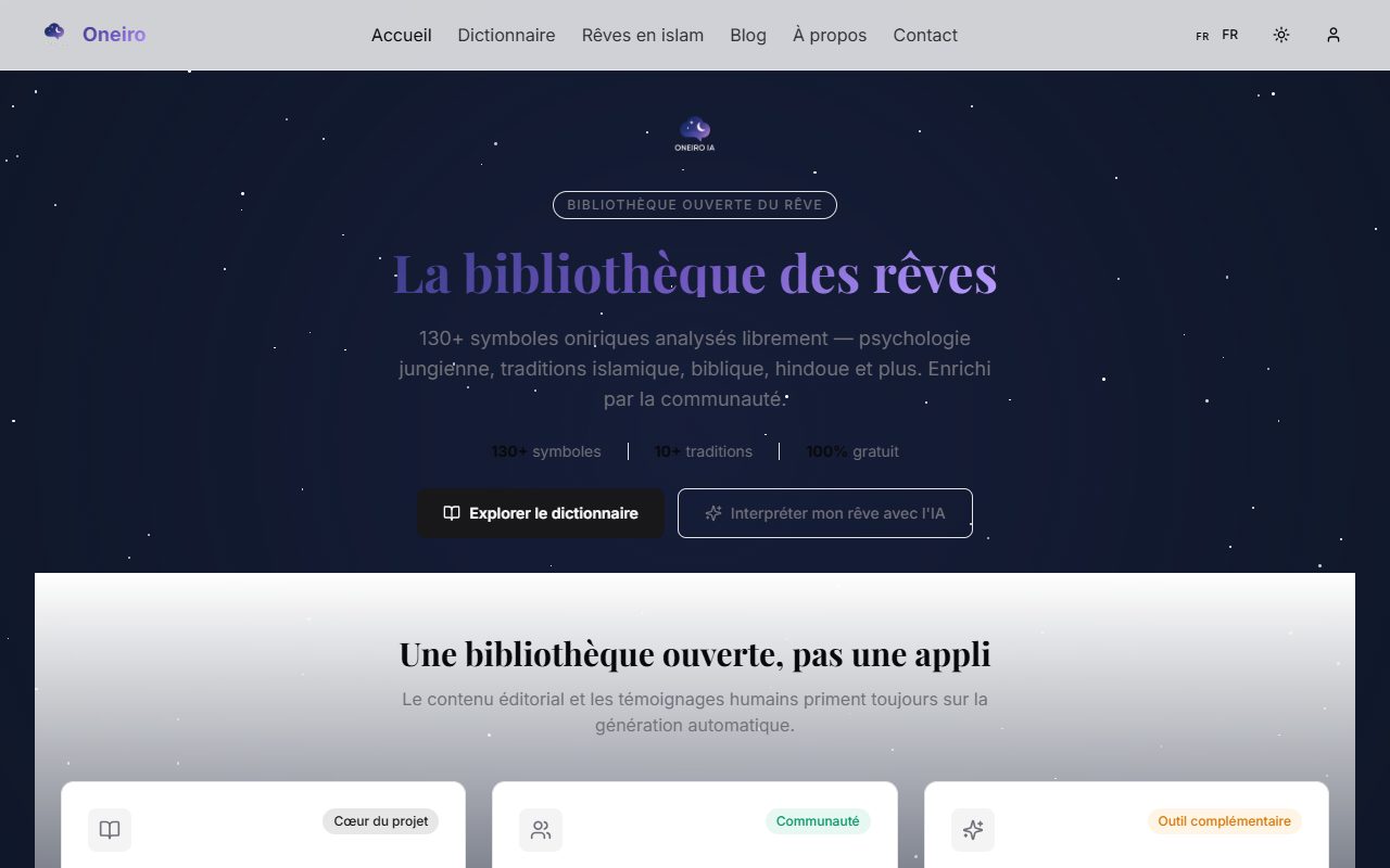 Page d'accueil du site Oneiro sur ordinateur